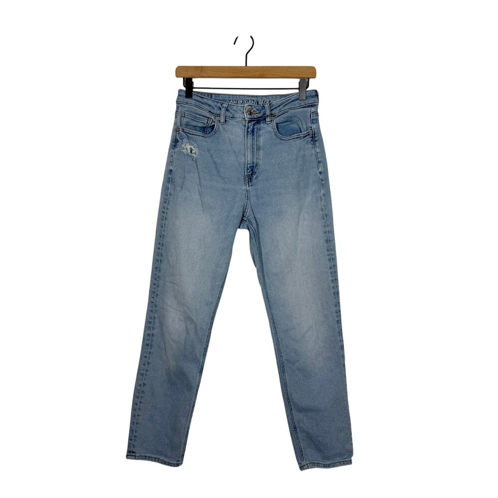 American Eagle Mom Jeans Size 6 Blue Denim Tapered High Rise Med Wash Distressed